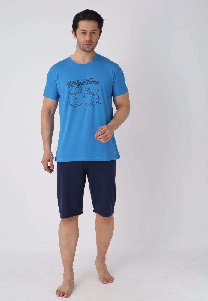 Pijama barbat cu maneca scurta si pantaloni 3/4, culoare albastru, Engros